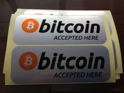 10pcs 14.5x5.5cm Bitcoin Accepted Here Label Sticker Shop Crypto Currency Fans Reminder Water Proof Tear Resistant Silver Vinyl