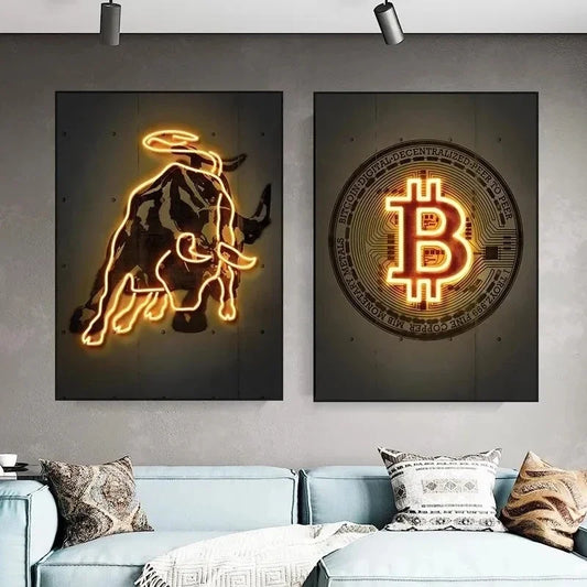 Neon Golden Bitcoin Poster  Canvas Painting Wall Art