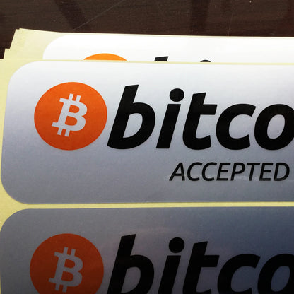 10pcs 14.5x5.5cm Bitcoin Accepted Here Label Sticker Shop Crypto Currency Fans Reminder Water Proof Tear Resistant Silver Vinyl