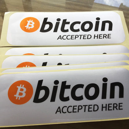 10pcs 14.5x5.5cm Bitcoin Accepted Here Label Sticker Shop Crypto Currency Fans Reminder Water Proof Tear Resistant Silver Vinyl