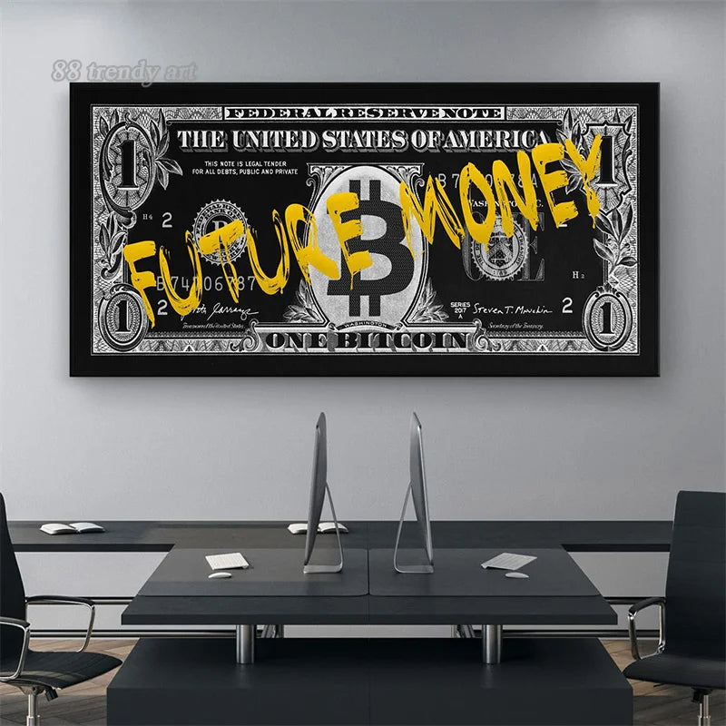 Bitcoin and Dollar Money Creativity Canvas Painting Future Money,money Never Sleeps