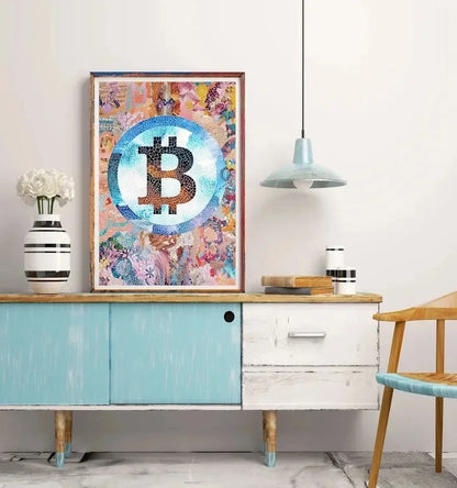 Neon Golden Bitcoin Poster  Canvas Painting Wall Art