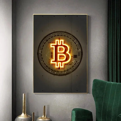 Neon Golden Bitcoin Poster  Canvas Painting Wall Art