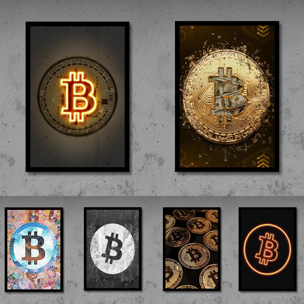 Neon Golden Bitcoin Poster  Canvas Painting Wall Art