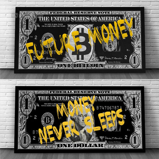 Bitcoin and Dollar Money Creativity Canvas Painting Future Money,money Never Sleeps