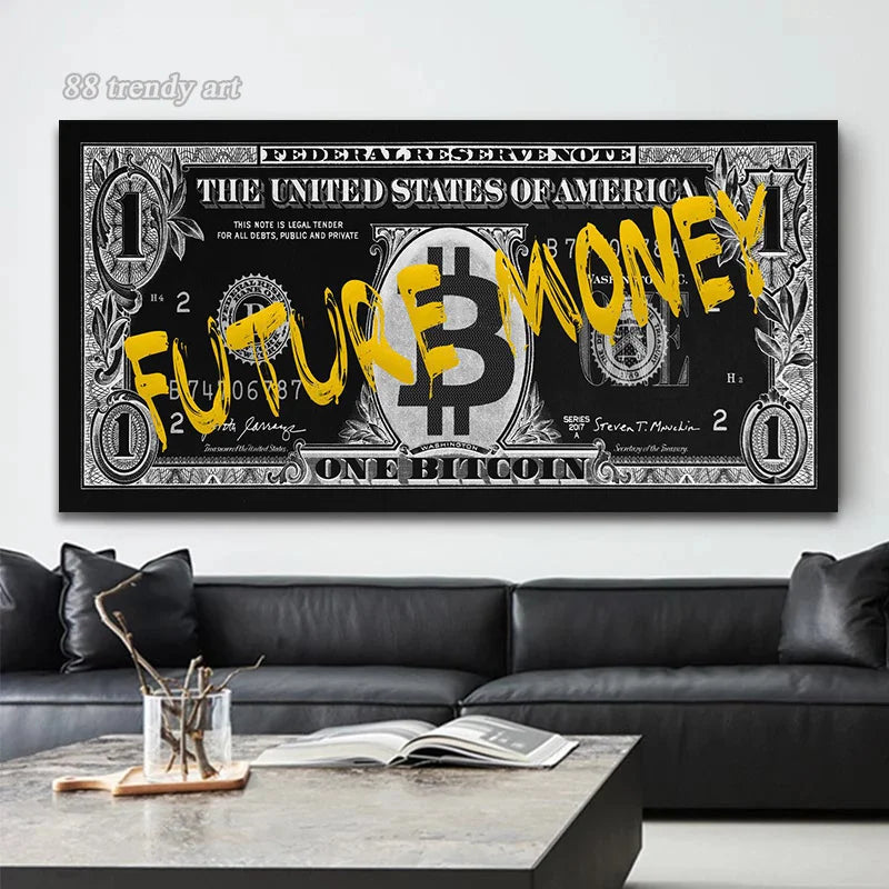 Bitcoin and Dollar Money Creativity Canvas Painting Future Money,money Never Sleeps