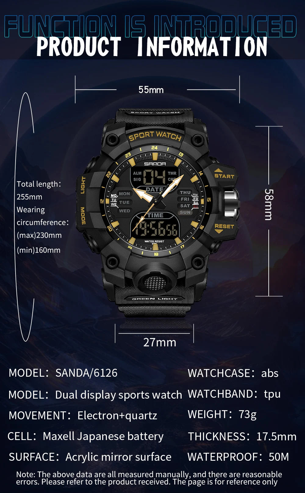 SANDA Outdoor Military Mens Watch LED Digital Quartz