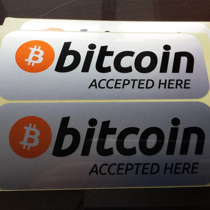 10pcs 14.5x5.5cm Bitcoin Accepted Here Label Sticker Shop Crypto Currency Fans Reminder Water Proof Tear Resistant Silver Vinyl